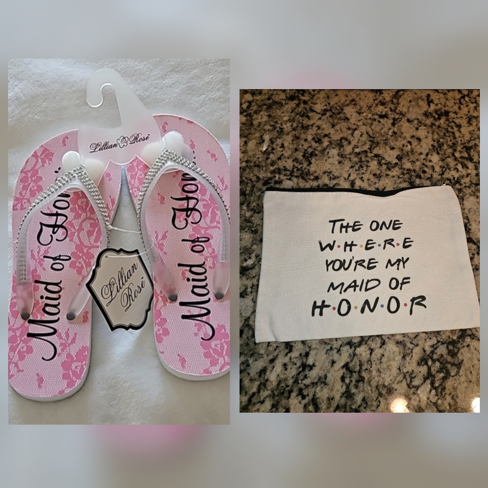 Lillian Rose Maid of Honor Flip Flops & Pouch Women Medium 7-8 Rhinestone Pink